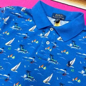 Polo Ralph Lauren Polo Shirt Boys L (14-16)‎ Sailboat All Over Print Blue Cotton